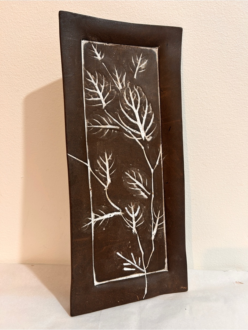 Signed Raku Pottery Tray Mishima Ware Dried Tree Branch Nature Art Dish